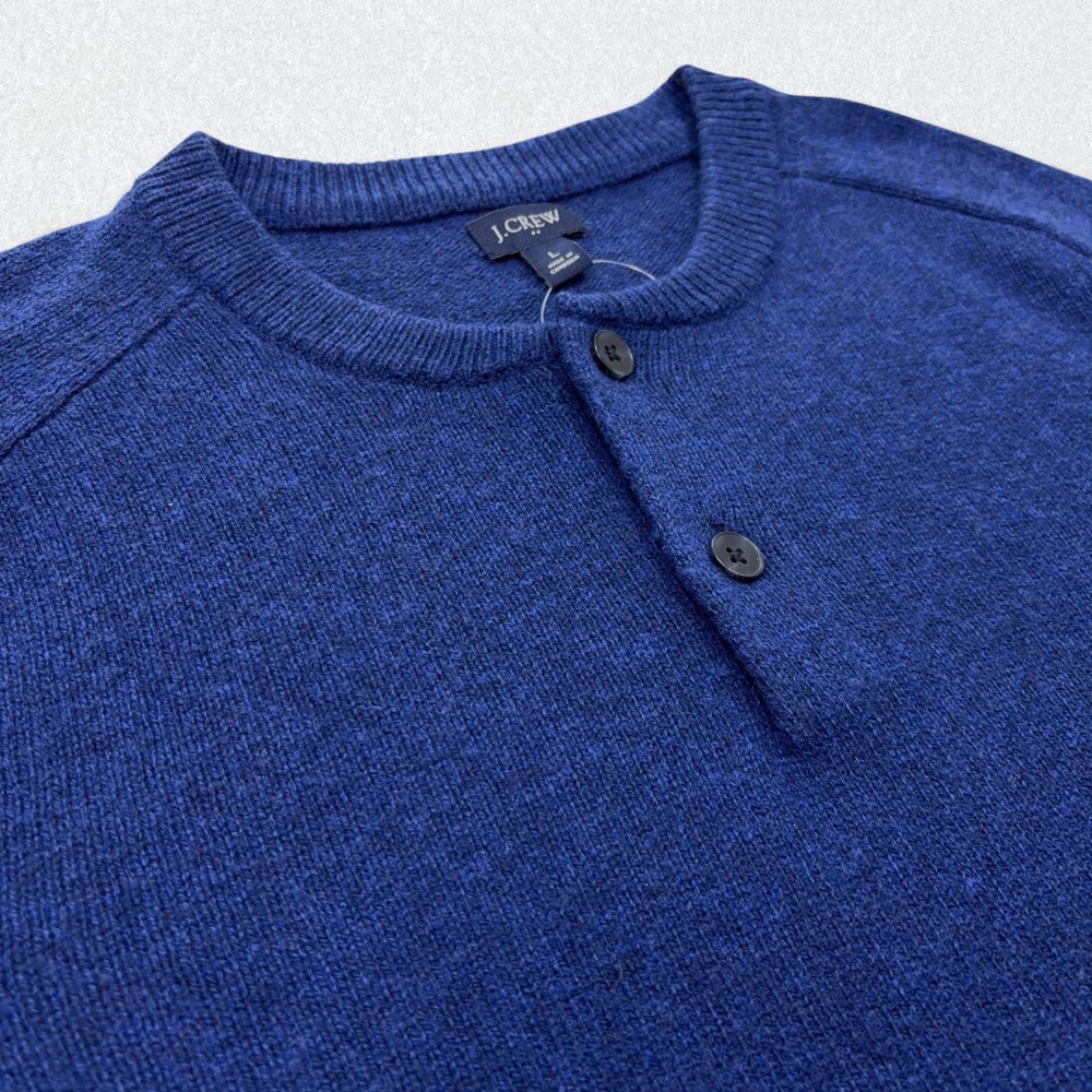 J.Crew Sweater Mens Large Heathered Blue Henley Lambswool Blend Raglan Pullover - Picture 3 of 10